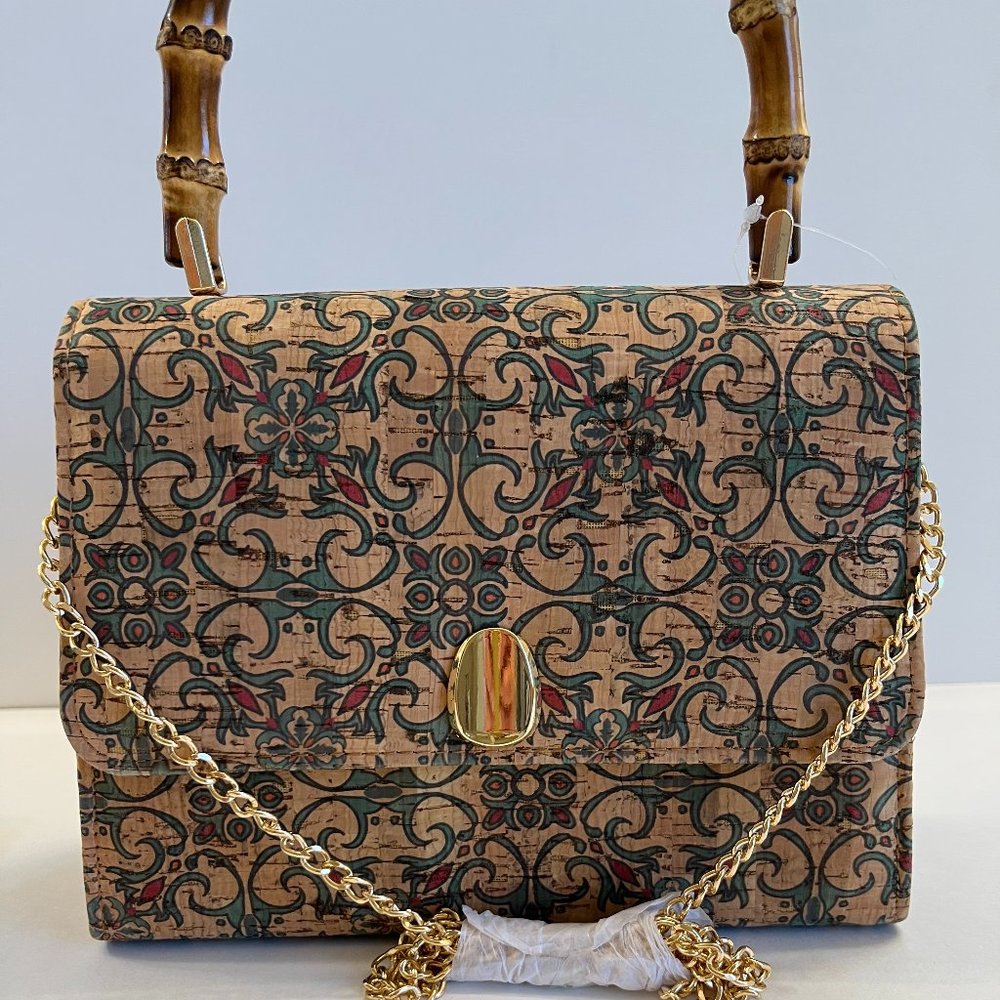 Savanna Floral Patterned Cork Satchel- Wood Handle & Gold Chain Crossbody - Picture 4 of 7